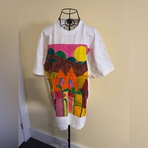 Cotton Club White T-Shirt Dress Colorful Abstract Painting landscape Size Large